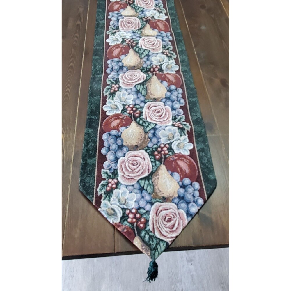 Vintage Table Runner Burgundy Roses Flowers Fruit Green Border Tassels 12x86" XL
